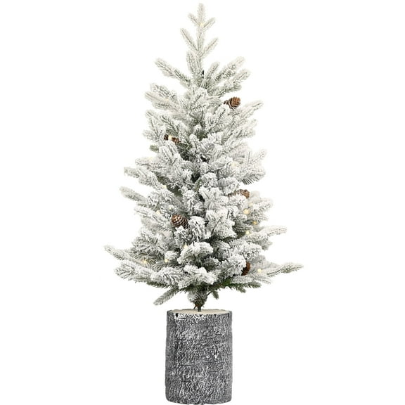 Leadtron 4.5ft Pre-Lit Flocked Christmas Tree, Pre-Decorated Artificial Xmas Tree with 150 Warm White Lights & Pine Cones, Includes Metal Stand