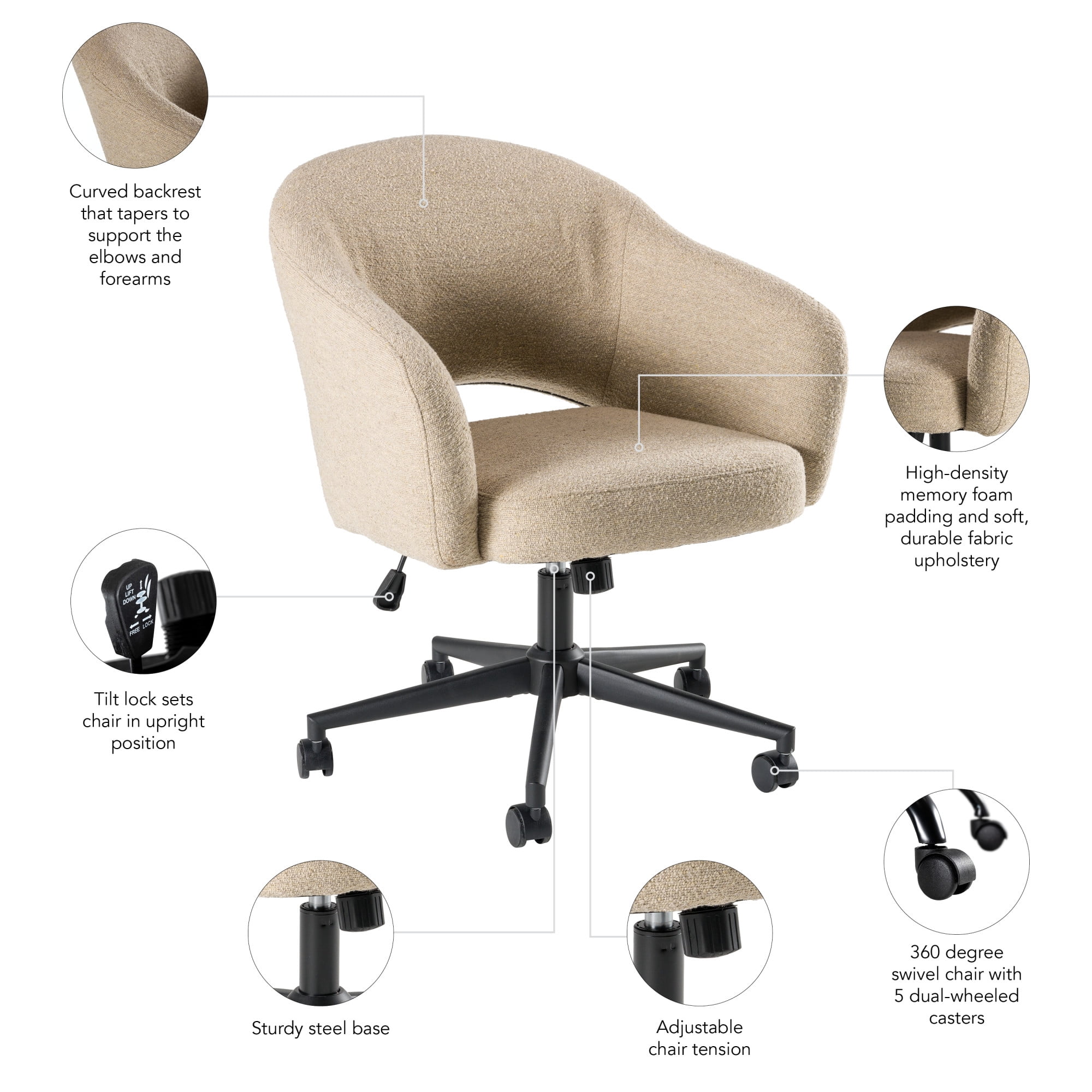 Bush Furniture Fairfax Mid Century Modern Desk Chair for Home Office in Cool Beige Fabric