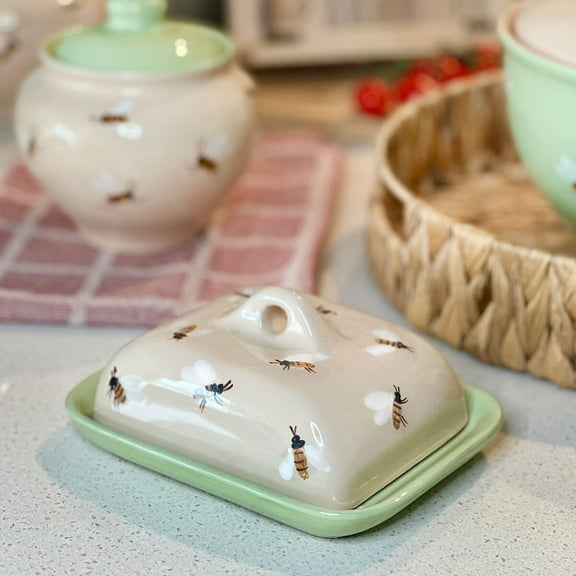 Borisovskaya Keramika Bees Clay Butter Dish with Lid 7.1x5.5x3.15" (18x14x8 cm) Handmade Butter Holder Storage Container Stoneware Butter Container for Countertop and Fridge Butter Keeper