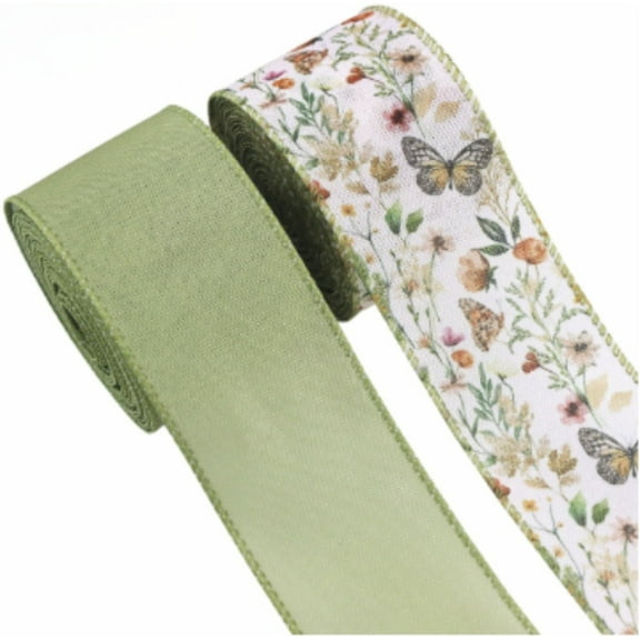 Green Wildflower Butterfly Ribbon Spring Flower Wired Ribbon DIY Decorative Items 2rolls (2.48 in×15 ft)