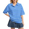 thumbnail image 2 of Domzest Polo Shirts for Women Button Lapel Collared Short Sleeve Striped Summer Tops Oversized Business Casual Basic Tees Blue XXL, 2 of 6