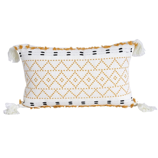 Funda de almohada de felpa con borlas decorativa, sencilla, estilo retro europeo, suave Rejilla amarilla 12 × 20 pulgadas
