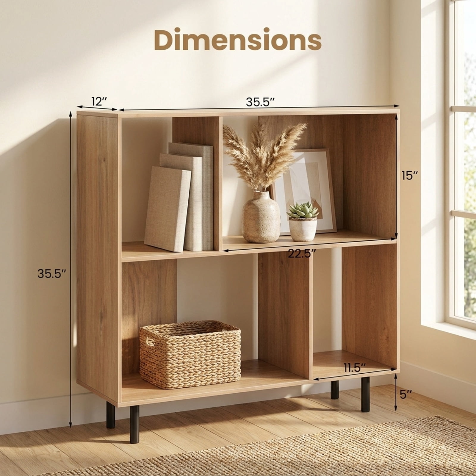 Furnibear Open Shelf Bookcase with 4 Compartments for Living Room Home Office Bedroom Display Storage Shelf, Natural