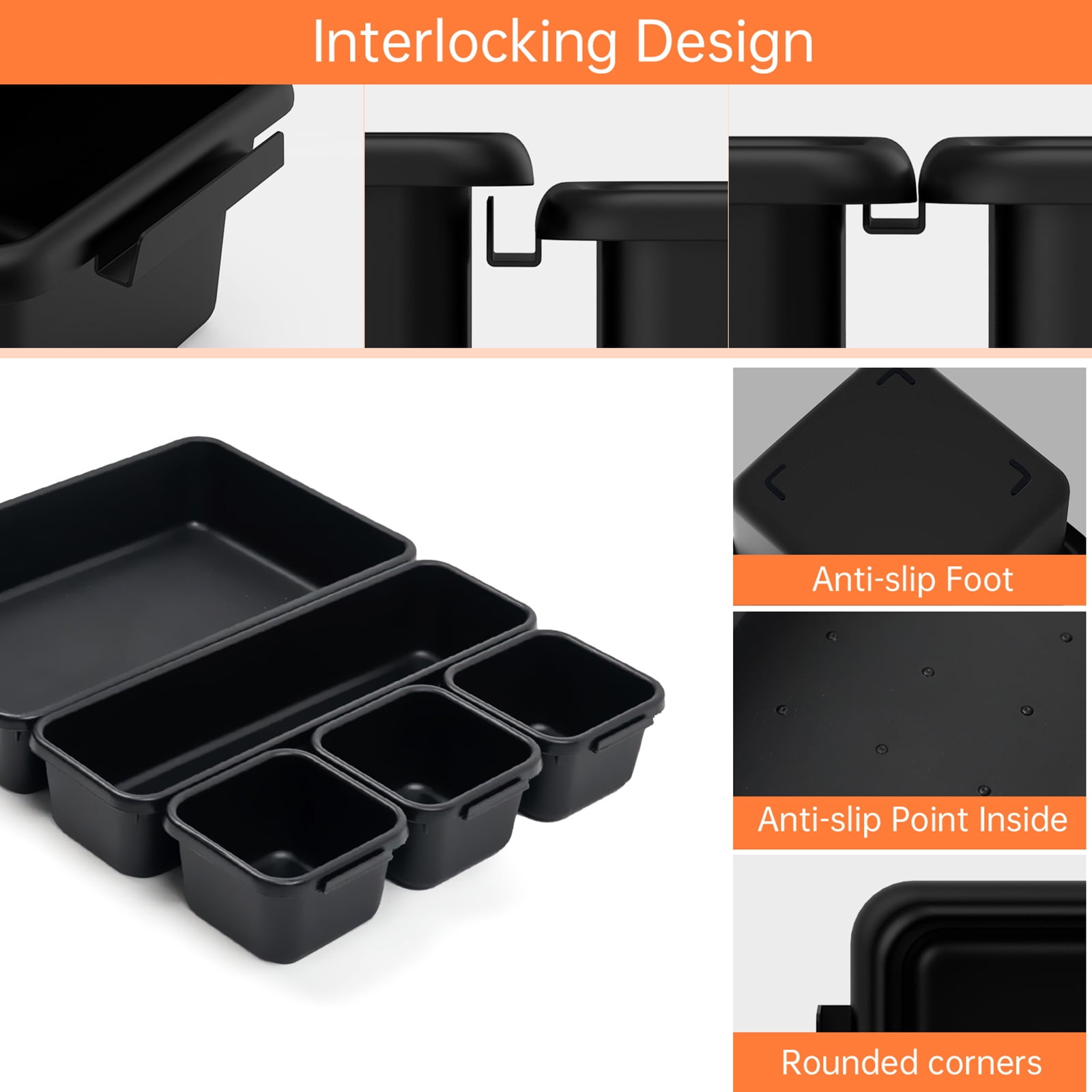 HAIDAIYA 45 Pack Drawer Organizer Trays Set, 3 Sizes Plastic Divider Storage Bins for Desk, Makeup, Tool Box, Jewelry (Black)