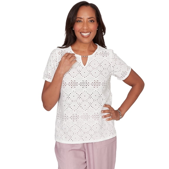 Alfred Dunner Womens Solid Eyelet Split Beaded Neck Tee