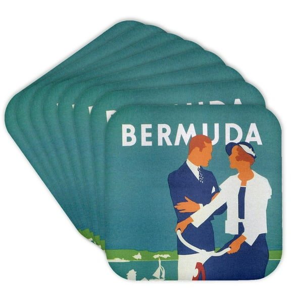 3dRose, Vintage Bermuda Couple on Bicycle, Set of 8 Coasters - Soft