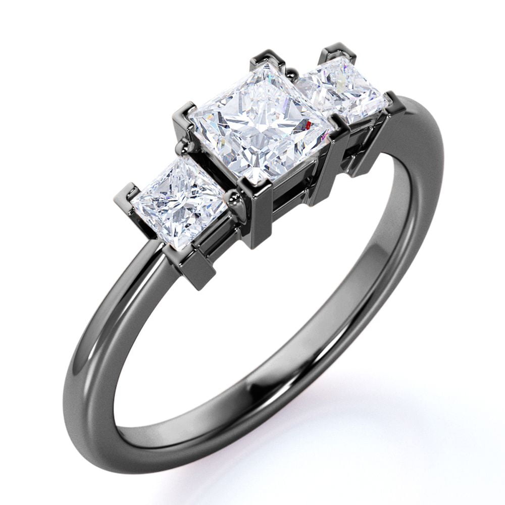 JeenMata 1.25 Carat Princess Cut Engagement Ring - Three Stone Engagement Ring - Past Present Future Ring - 18K Black Gold over Silver