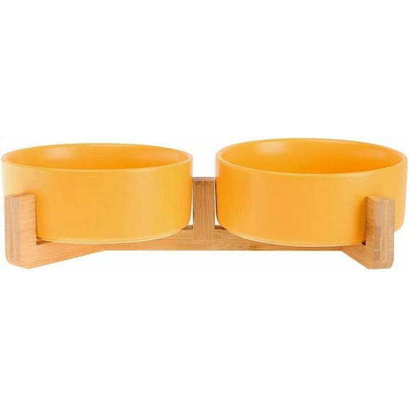 Amorvolat Ceramic Dog and Cat Bowl Set with Wooden Stand, Modern Cute Weighted Food Water Set for Small Size Dogs or Cat(13.5OZ),Yellow