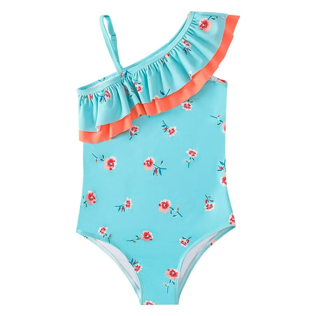 Kids Summer Girls One Piece Swimsuits Hawaiian Tropical Holiday Party Floral Ruffles One Shoulder Ruffles Strap Swimwear Spring Bathing Beach Suits 5-6T