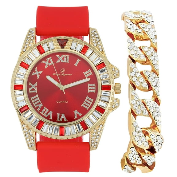 Baguette Cut Diamond Crystal Bling'ed Out Mens Watch Miami Iced Out Cuban Bracelet - No Reasonable Doubt This is The Jewerly Accesories to Flaunt The Wealth - ST10372C (ST10414S-476 GLD/RED)