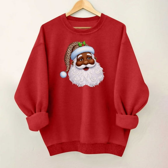 SYMOID Womens Red Christmas Sweatshirt, Black Santa Graphic with Leopard Print Hat, Cotton Crew Neck Long Sleeve Loose Fit,Size 2XL