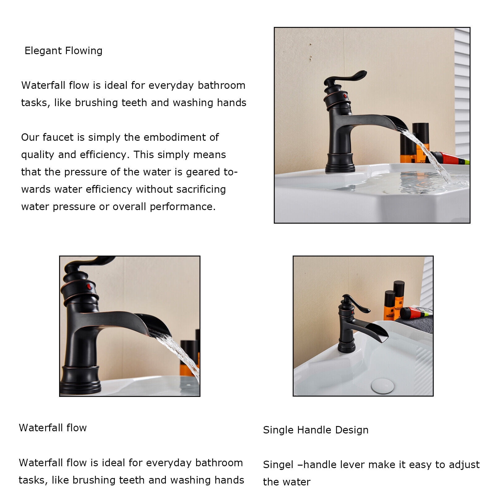 Zovajonia BWE Bathroom Sink Faucet Oil Rubbed Bronze Lavatory Waterfall Faucet One-Handle