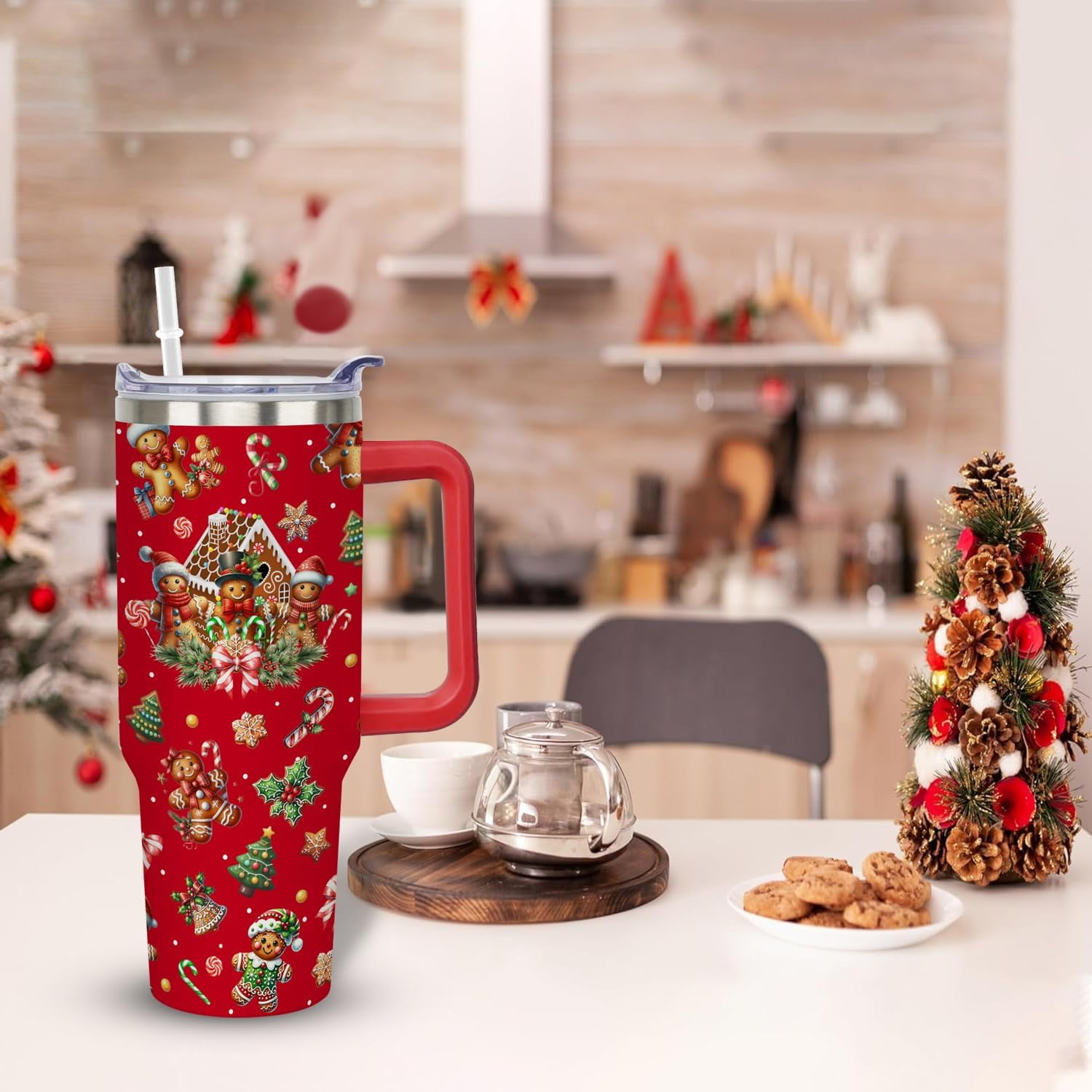 40 oz Gingerbread Christmas Tumbler with Handle Gifts for Women Adults Girls, Stainless Steel Christmas Insulated Tumblers with Lids and Straws, Red