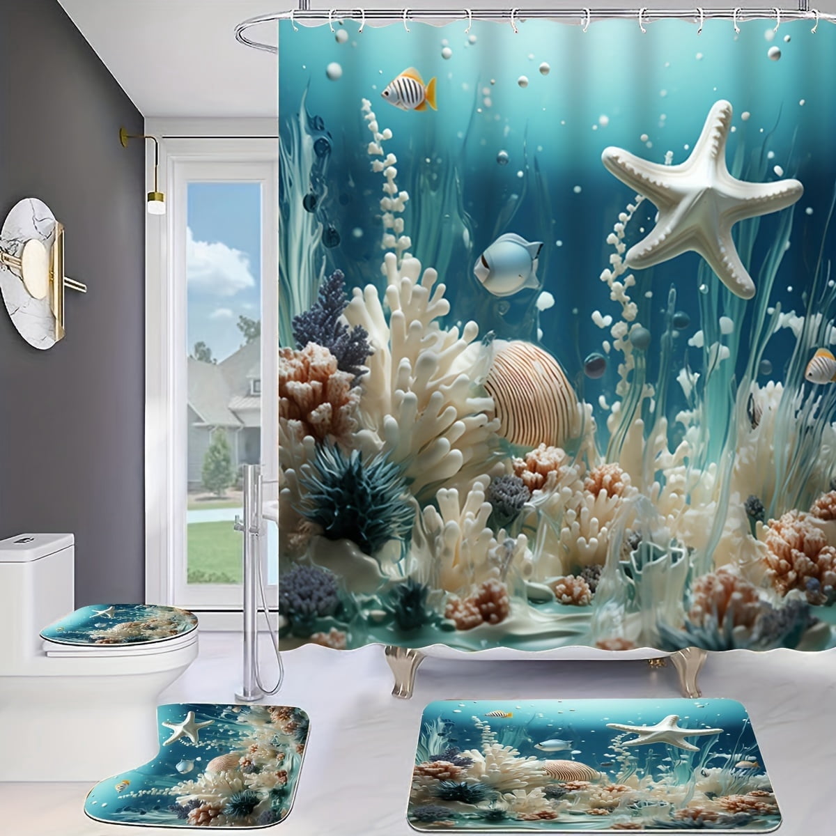 4pcs Ocean Series Blue Coral Shower Curtain Set Decorative Bathroom Set Waterproof Shower Curtain Non slip Floor Mat Toilet Lid Bathroom Mat and 12 Plastic Hooks Bathroom Accessories Home Decor