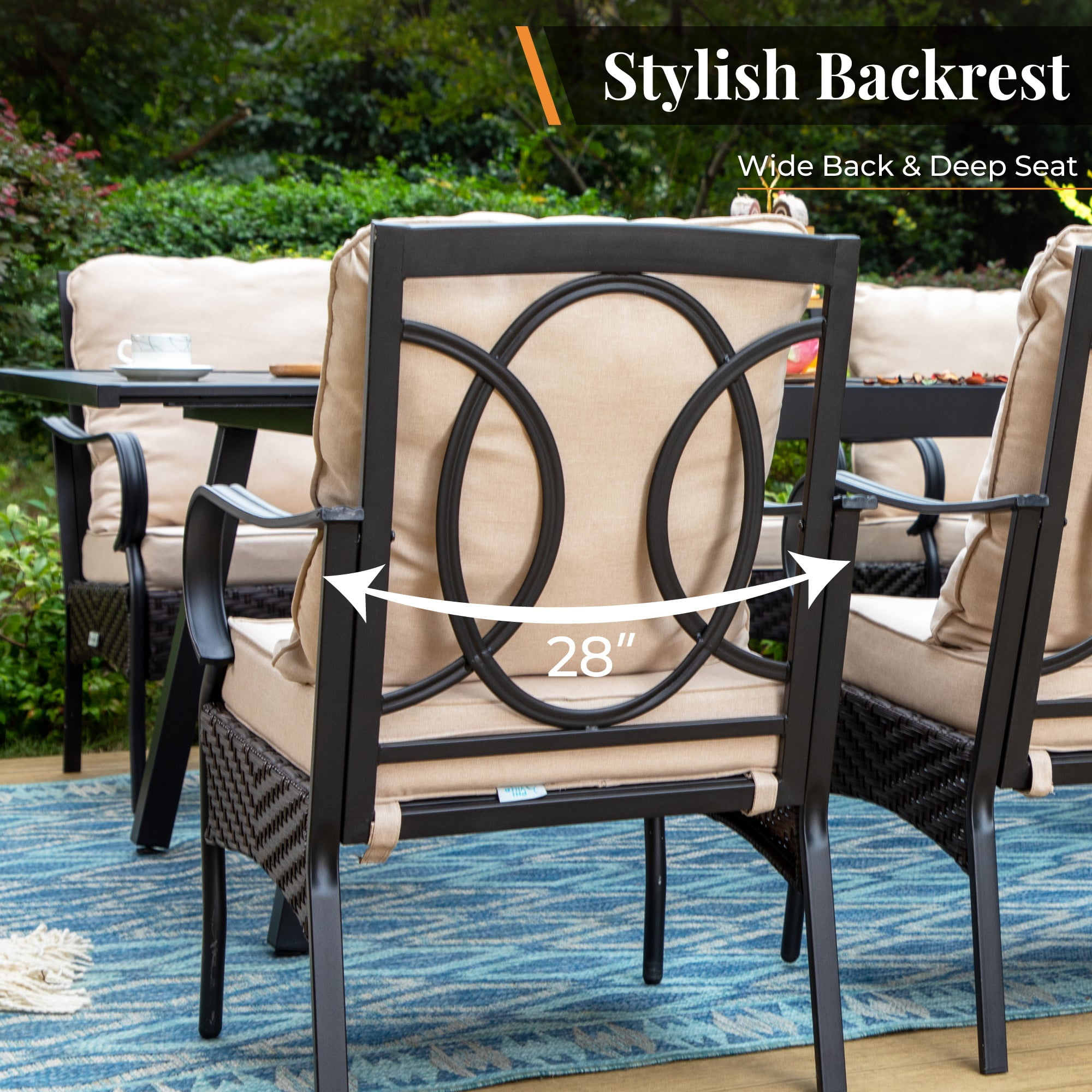 7-Piece Outdoor Patio Dining Set with 2 Swivel Cushioned Chairs, 4 Club Chairs & Wood-look Patio Table with Umbrella Hole for 6 People, Beige