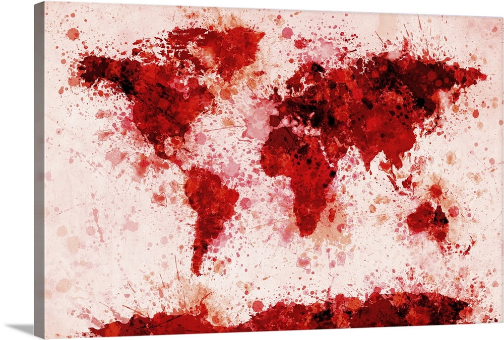 Great BIG Canvas "World Map Paint Splashes Red" Canvas Wall Art