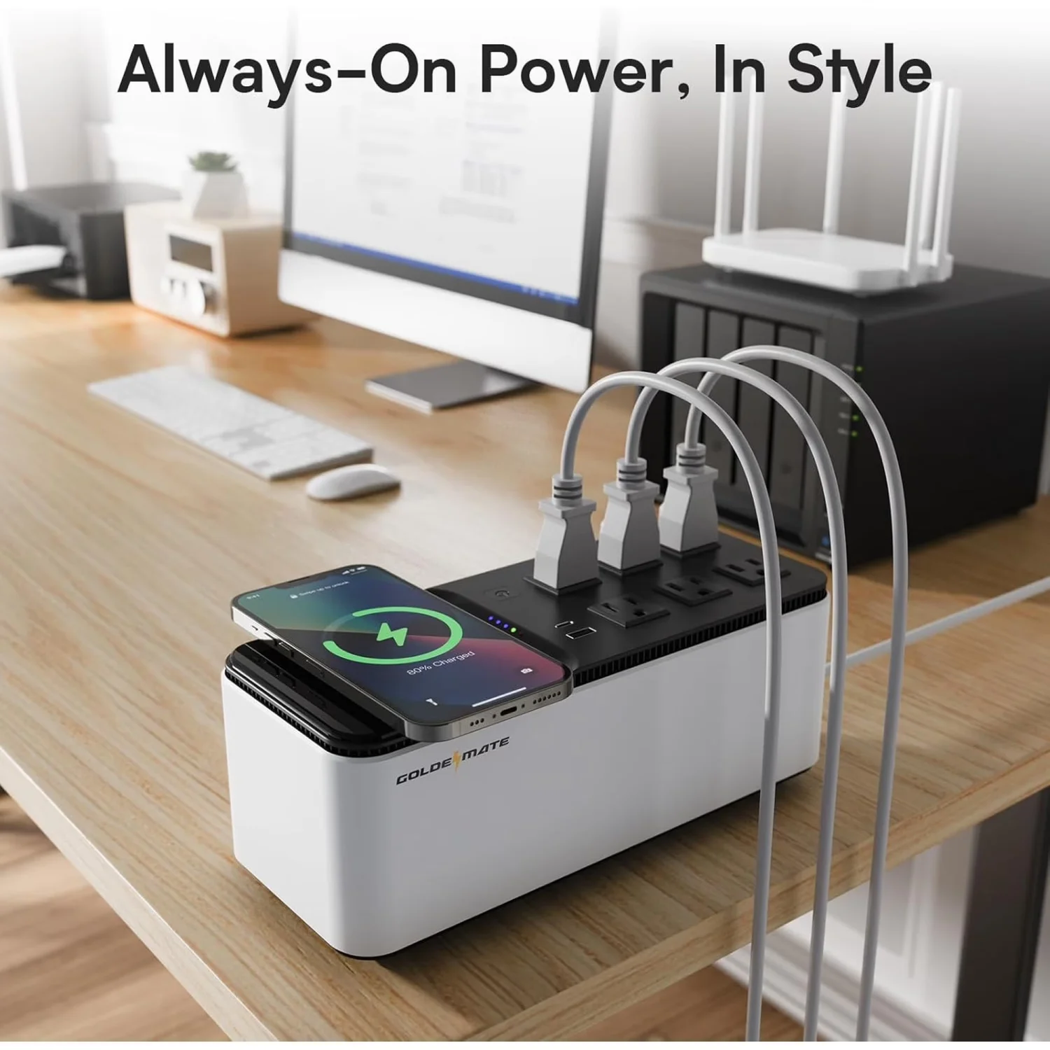 GOLDENMATE 600VA / 360W Lithium UPS Battery Backup & Surge Protector with Wireless Charging, 6 Outlets, USB Ports and LiFePO4 Battery