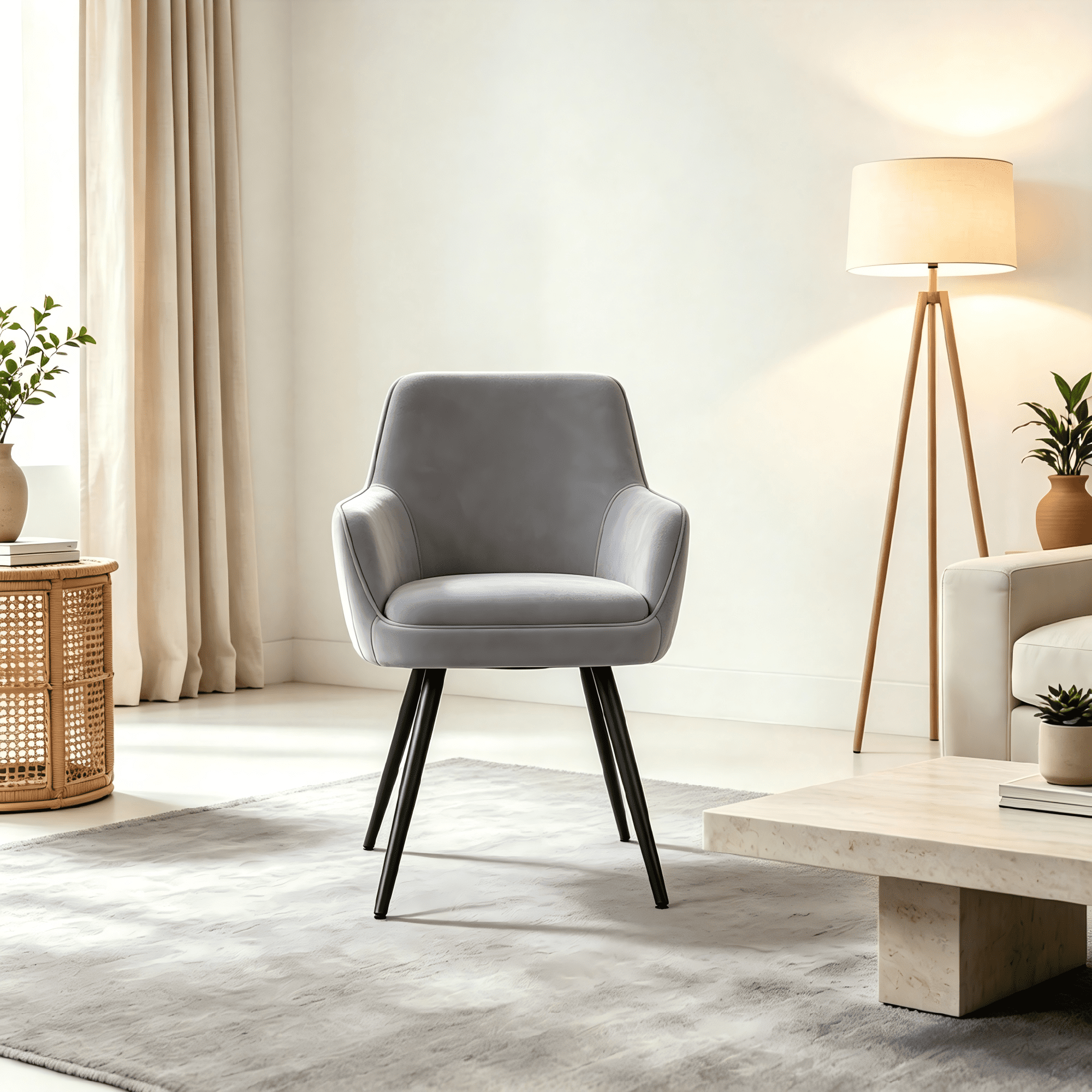 Grey Modern Mid-Century Upholstered Accent Chair with Channel-Tufted Back, Set of 2