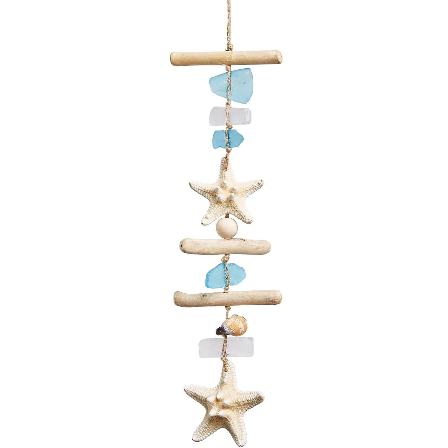 Sinkoo Sea Glass Wooden Nautical Wall Decor, Natural Starfish Driftwood Beach Decor Sea Shells, Coastal Wall Art for Beach Bathroom Decor Indoor Outdoor