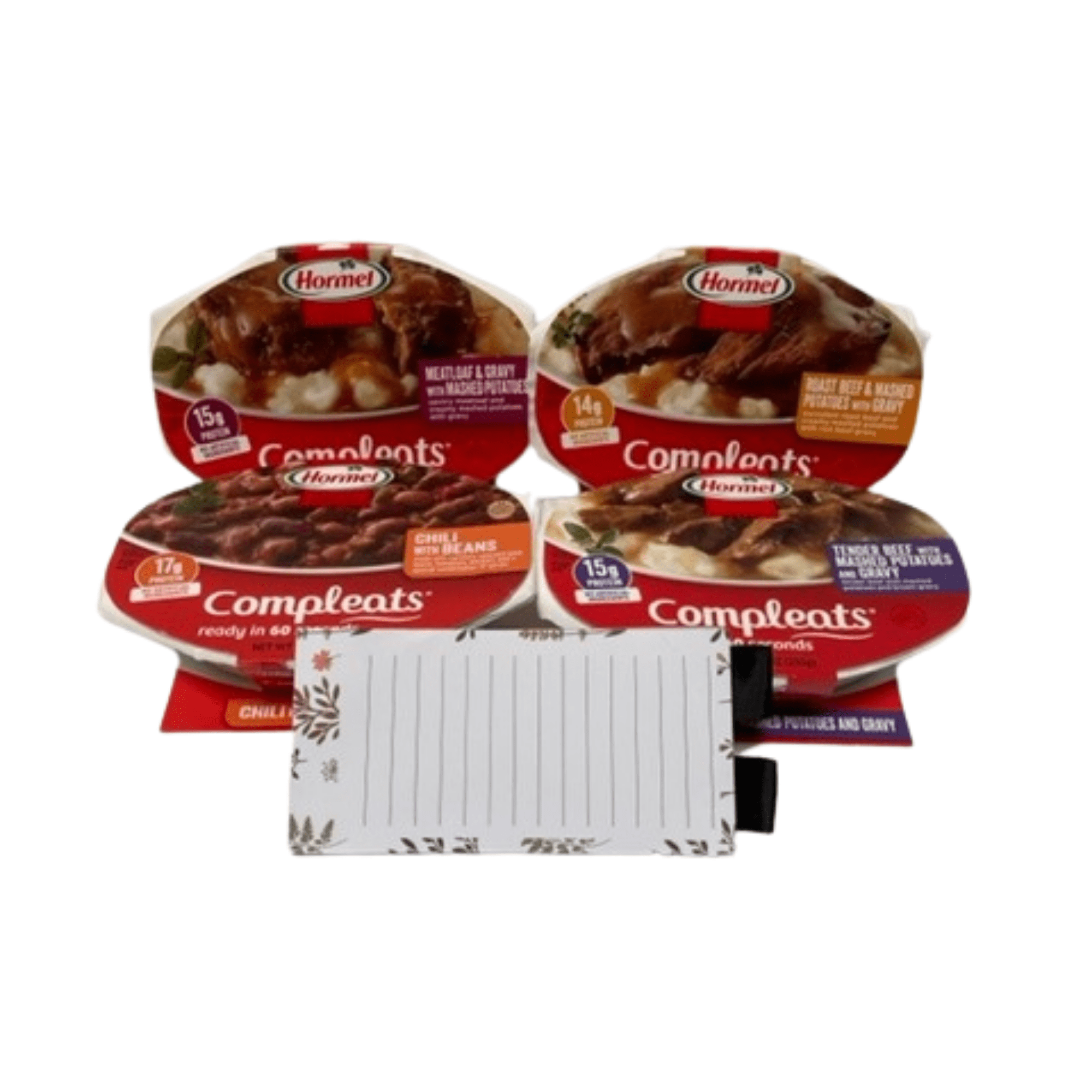 Hormel Compleats Dinners 4 pack, Meatloaf, Roast Beef, Chili Beans, Tender Beef along with Magnetic Pad