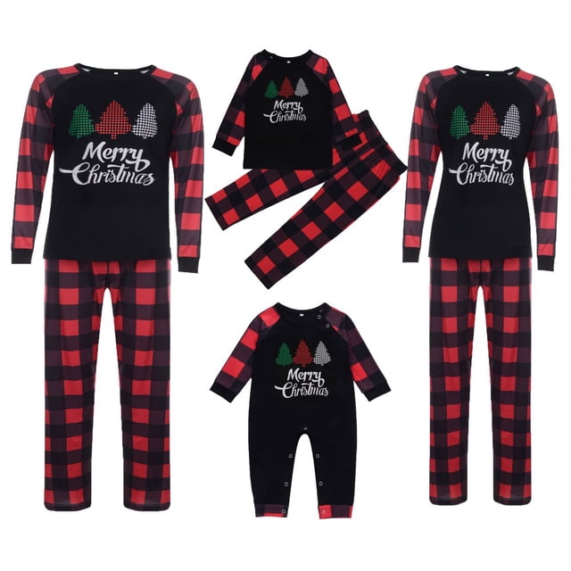 Ensembles de Pyjamas Assortis pour Famille Pyjamas de Noël Imprimés Arbre de Noël avec Bas à Carreaux