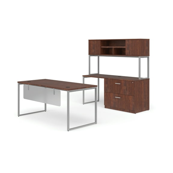 OFM Fulcrum Series Office Furniture Set, 66" Table Desk, 66" Credenza, Lateral Filing Cabinet, Hutch, Modesty Panel, in Cherry