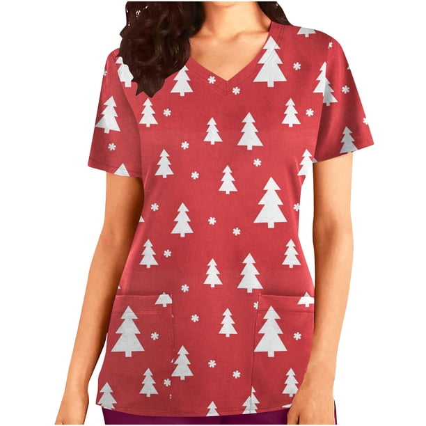 Fiudx Ofertas Del Día Tops de Mujer Tops de Manga Corta con Cuello En V Estampado de Uniforme de Trabajo con Blusa de Bolsillo