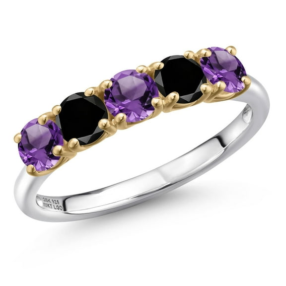 Gem Stone King 925 Silver and 10K Yellow Gold Purple Amethyst and Black Diamond Wedding-Bands Ring for Women | 1.29 Cttw | Round 4MM | Gemstone February Birthstone | Size 6