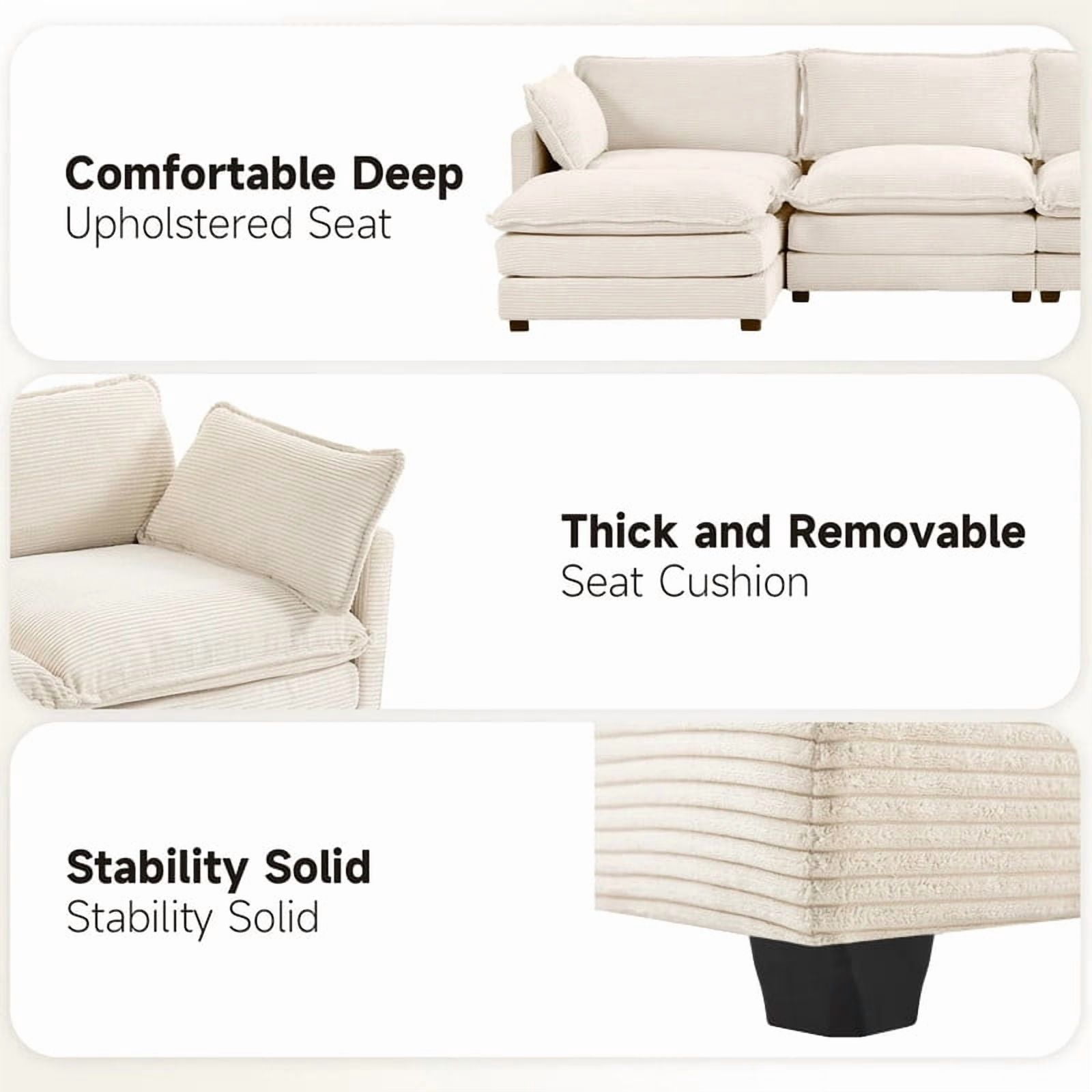 RIAFUN Oversized 4-Seat Modular Corduroy Sectional Cloud Couch, Deep Seat Upholstered Sofa with 2 Throw Pillows, Cozy Living Room Furniture, Beige