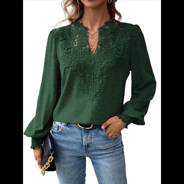 Blusas de con Lunares, Estilo Bohemio, de Larga y Cuello en V para Mujer, con Encaje de Ganchillo, Estilo Informal y Moderno Verde Oscuro L