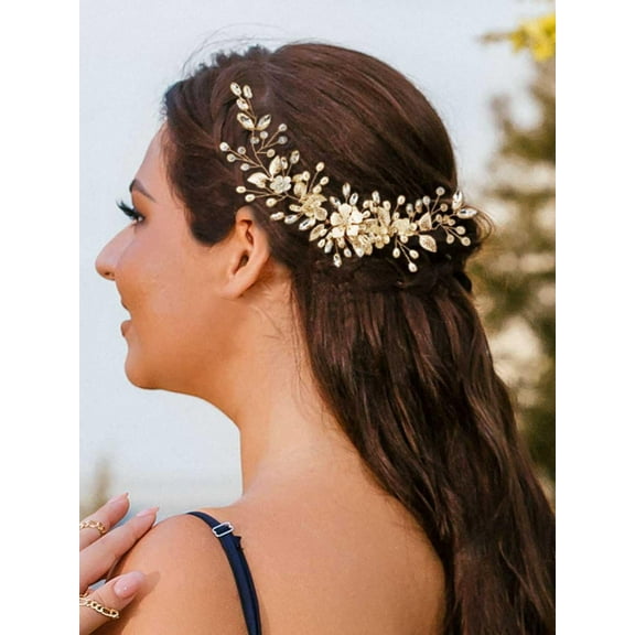 Flower Bride Wedding Headpiece Crystal Bridal Hair Accessories Pearl Headband for Women and Girls (B Gold)