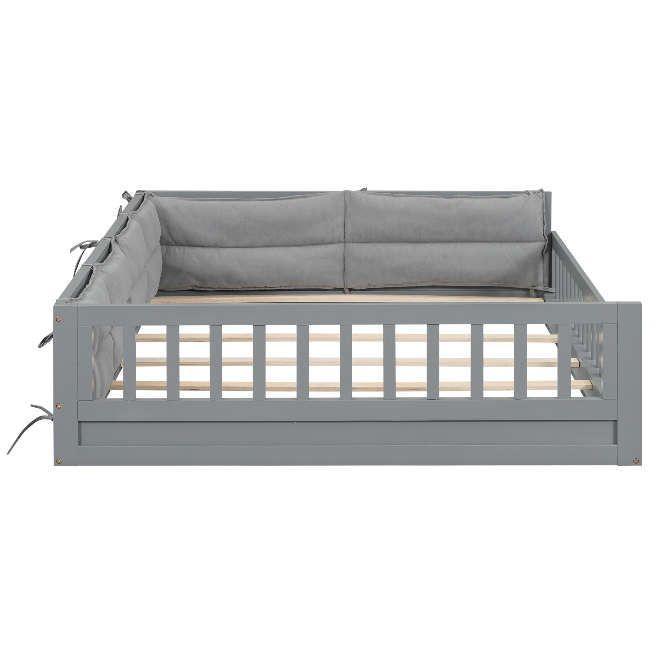 Noble House Myrrh Full Size Upholstered Platform Bed with Guardrails and Plush Pillows, Pine Wood Frame, Gray