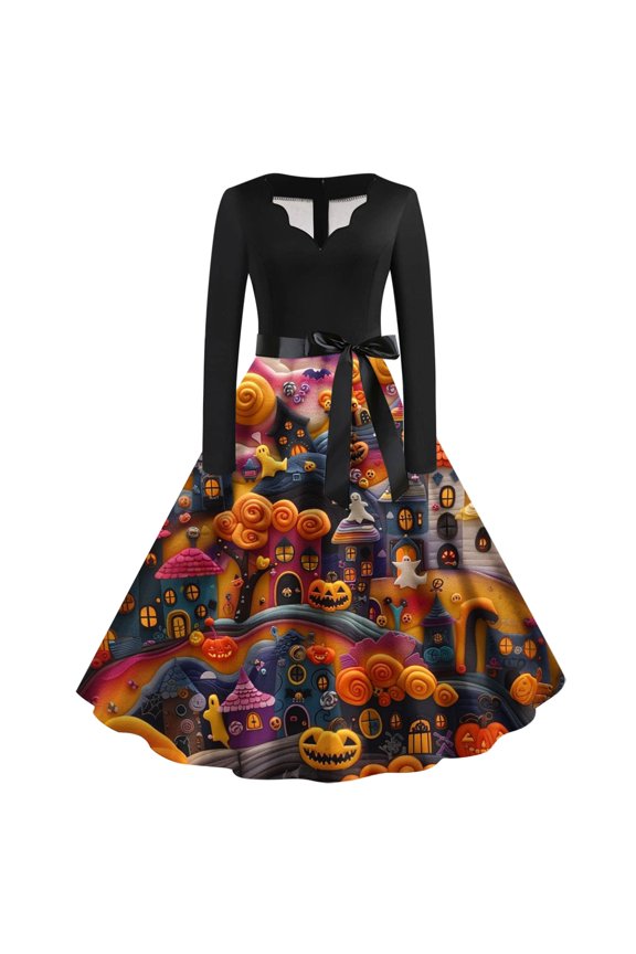 Halloween Dresses High Quality Fabric Halloween Dress for Women 1950s Vintage Pumpkin Printed Long Sleeve V Neck Plus Size Evening Prom Dresses with Belt Popular Style Gothic Dress
