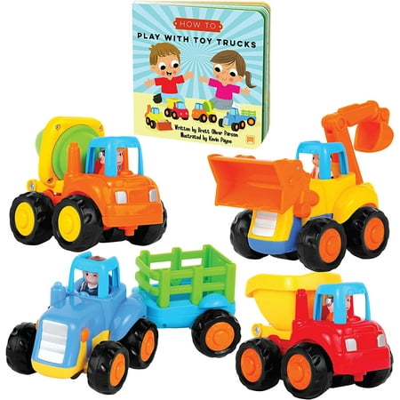 Educational Play Set for Kids Age 1, 2, 3 - Push & Pull Cars for Two Year Olds - Storybook Toys for 2 Year Old Boy - Toys for 1 Year Old - Toddler Construction Toy Trucks for 2 Yr O
