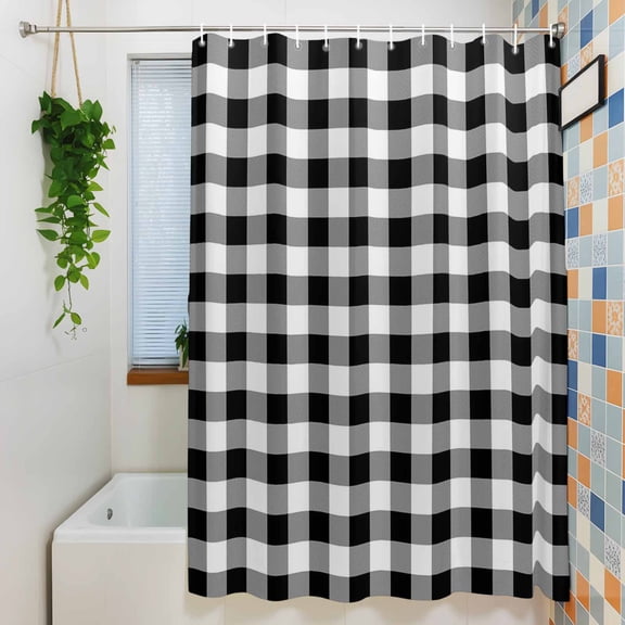 Shower Curtain, Black White Buffalo Check Waterproof Polyester Fabric Bath Curtain with Hooks for Bathroom Bathtub Stalls, Farmhouse Classic Tartan Plaid 72x84IN