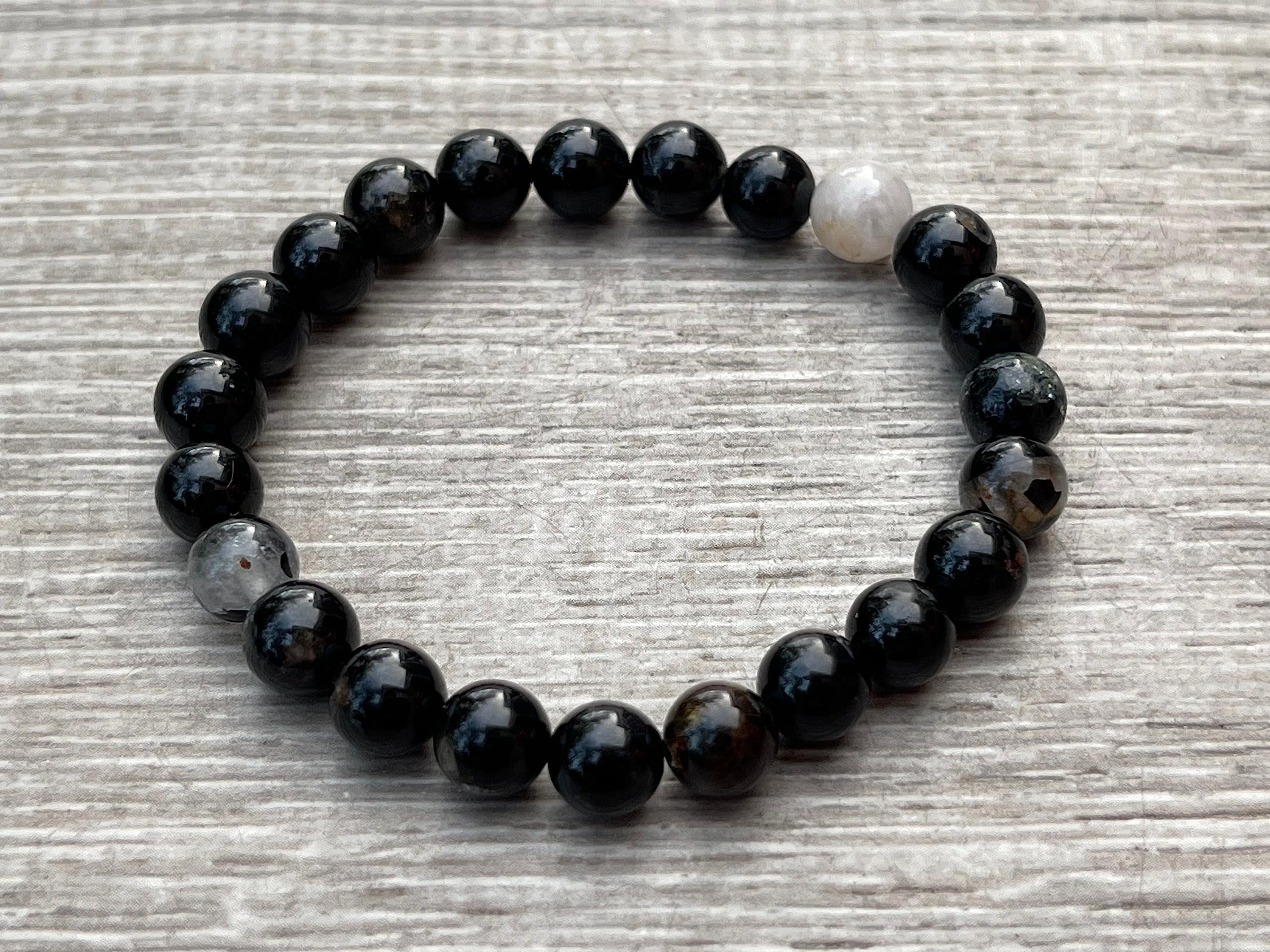 Black Tourmaline With Quartz Crystal Bead Bracelet 6-8mm, Wholesale Genuine Black Tourmaline With Quartz Stretch Gemstone Bracelet, Gift for Men & Women (5)