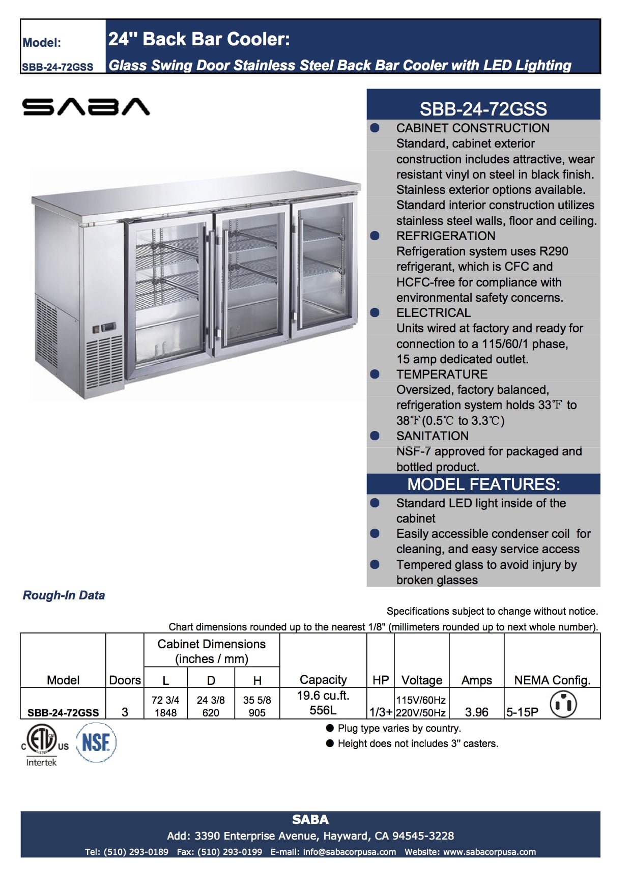 Heavy Duty Commercial Stainless Steel Back Bar Cooler with 3 Glass Doors (24" depth 72" length)