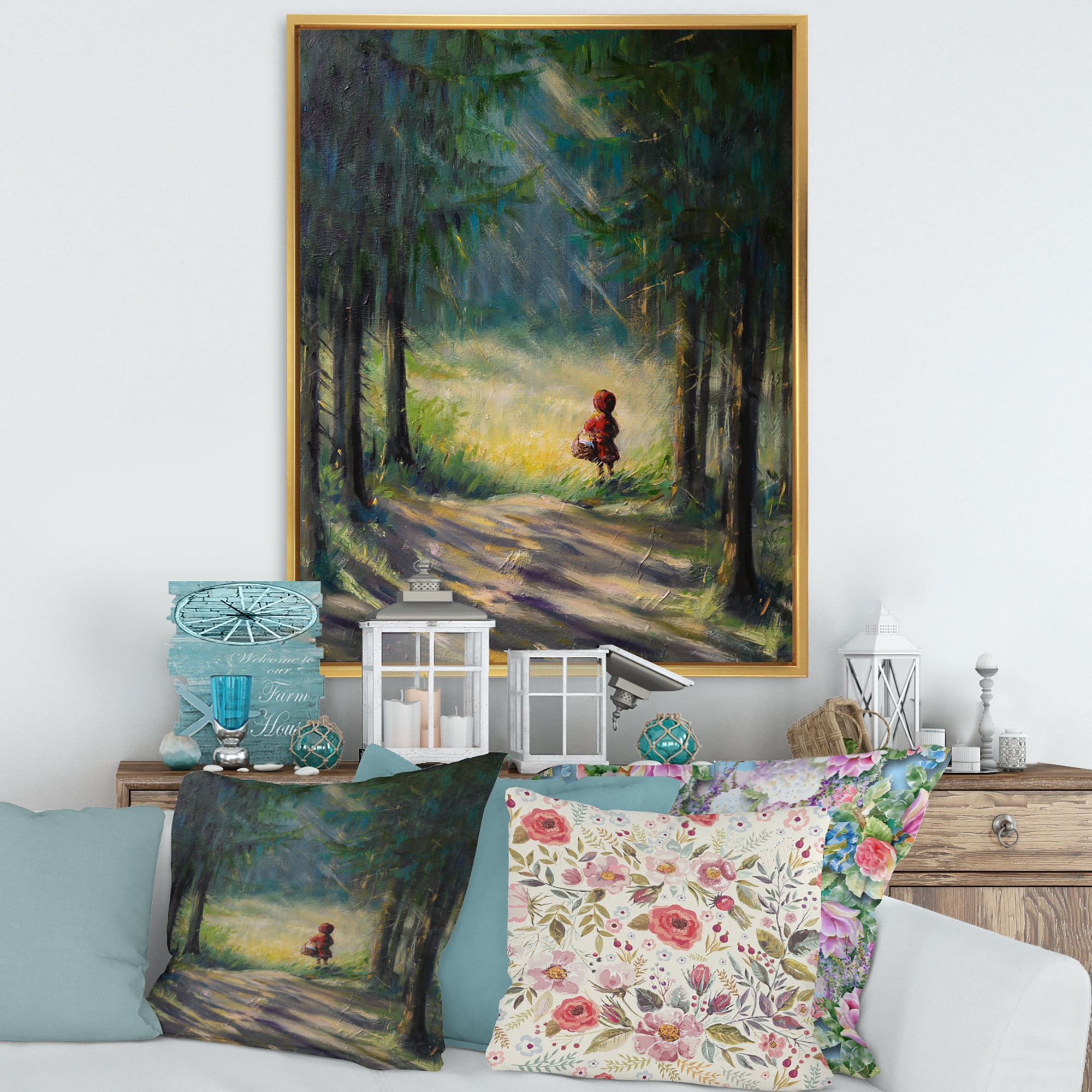 Designart 'Little Red Kid Riding Hood In The Woods' Traditional Framed Canvas Wall Art Print