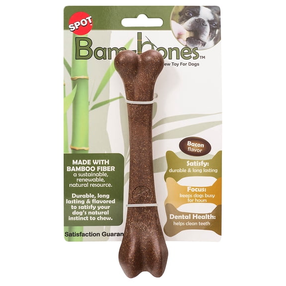 SPOT Bam-Bones Bone Durable Bamboo Fiber & Nylon Chew Toys for Large Dogs, Safe for Adult Dogs & Puppies, 7.25in Bacon Flavor, Non-Splintering
