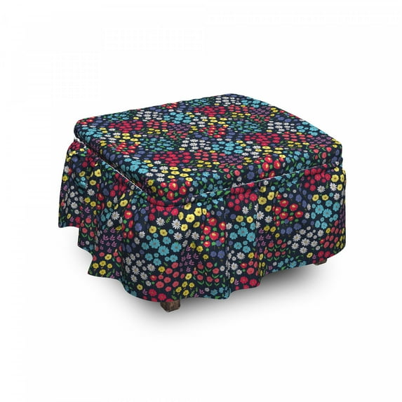 Garden Art Ottoman Cover, Colorful Spring Blossoms, 2 Piece Slipcover Set with Ruffle Skirt for Square Round Cube Footstool Decorative Home Accent, Standard Size, Multicolor, by Ambesonne
