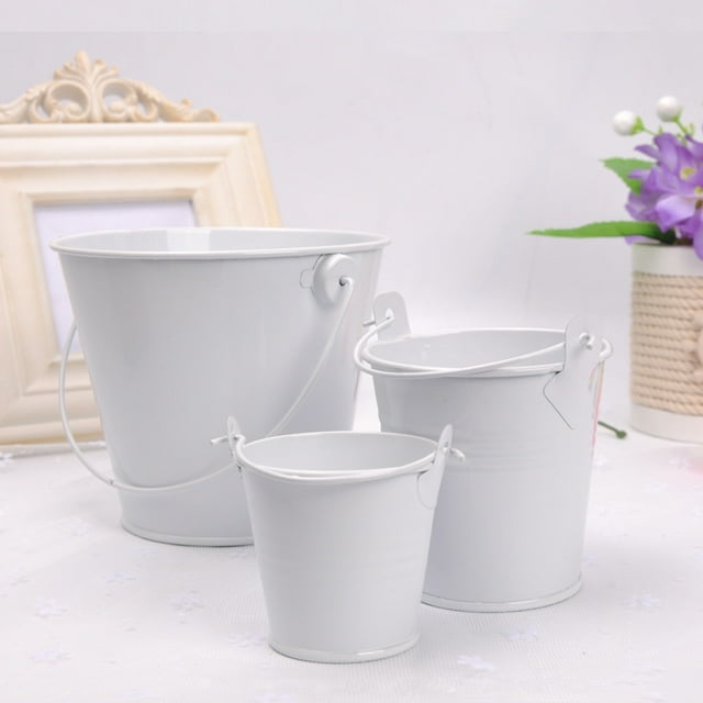 Xiao Hua Mini cubo para flores de hojalata blanca de 2 piezas, adecuado para el hogar y el jardín, cubo de almacenamiento de mesa para macetas de plantas, tamaño pequeño