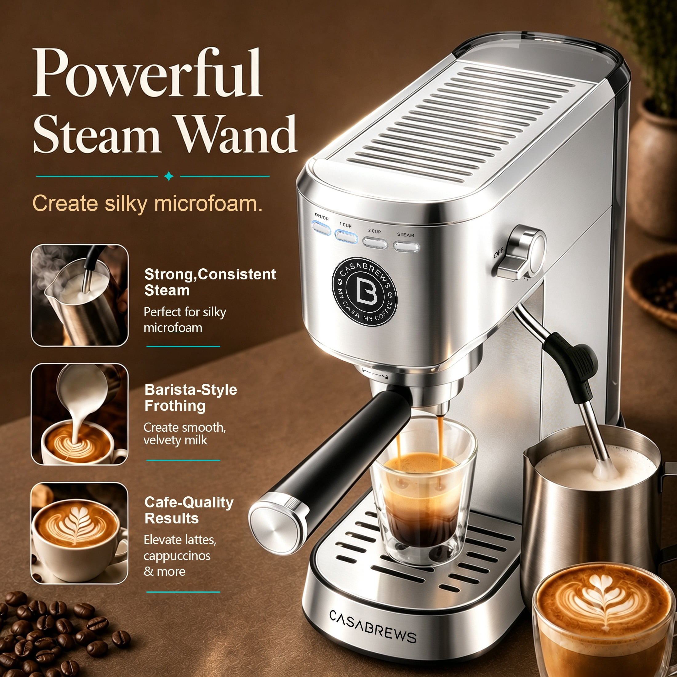 CASABREWS 5418 Basic 20-Bar Espresso Machine with Steam Wand, Stainless Steel