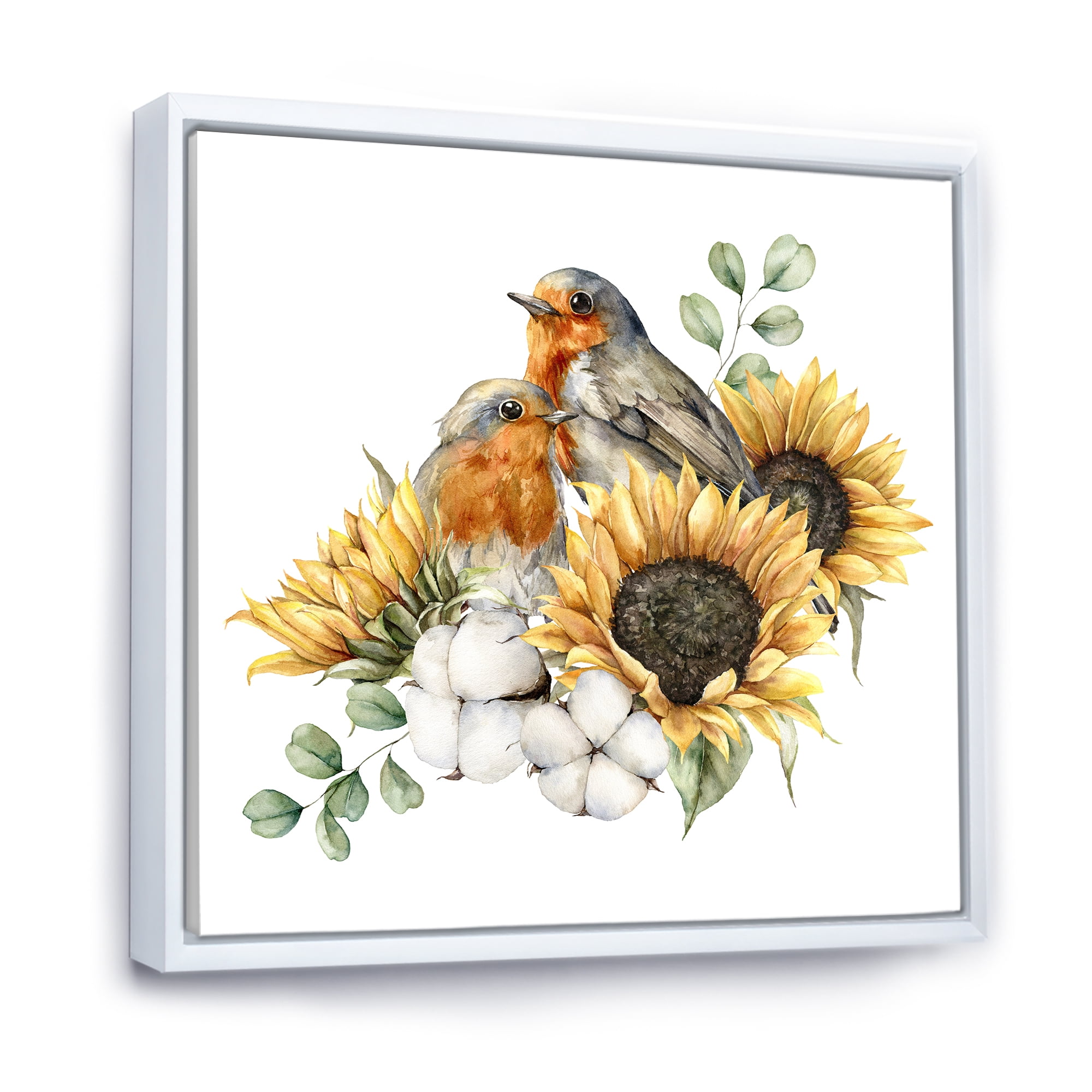 Designart 'Autumn Bouquet With Robin Redbreasts Sunflowers Cotton' Traditional Framed Canvas Wall Art Print