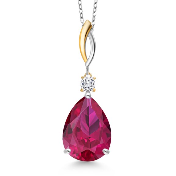 Gem Stone King 13.32 Cttw Red Created Ruby and White Moissanite Pendant Necklace for Women | 925 Silver and 10K Yellow Gold | Gemstone July Birthstone | Pear Shape 18X13MM | With 18 inch Chain