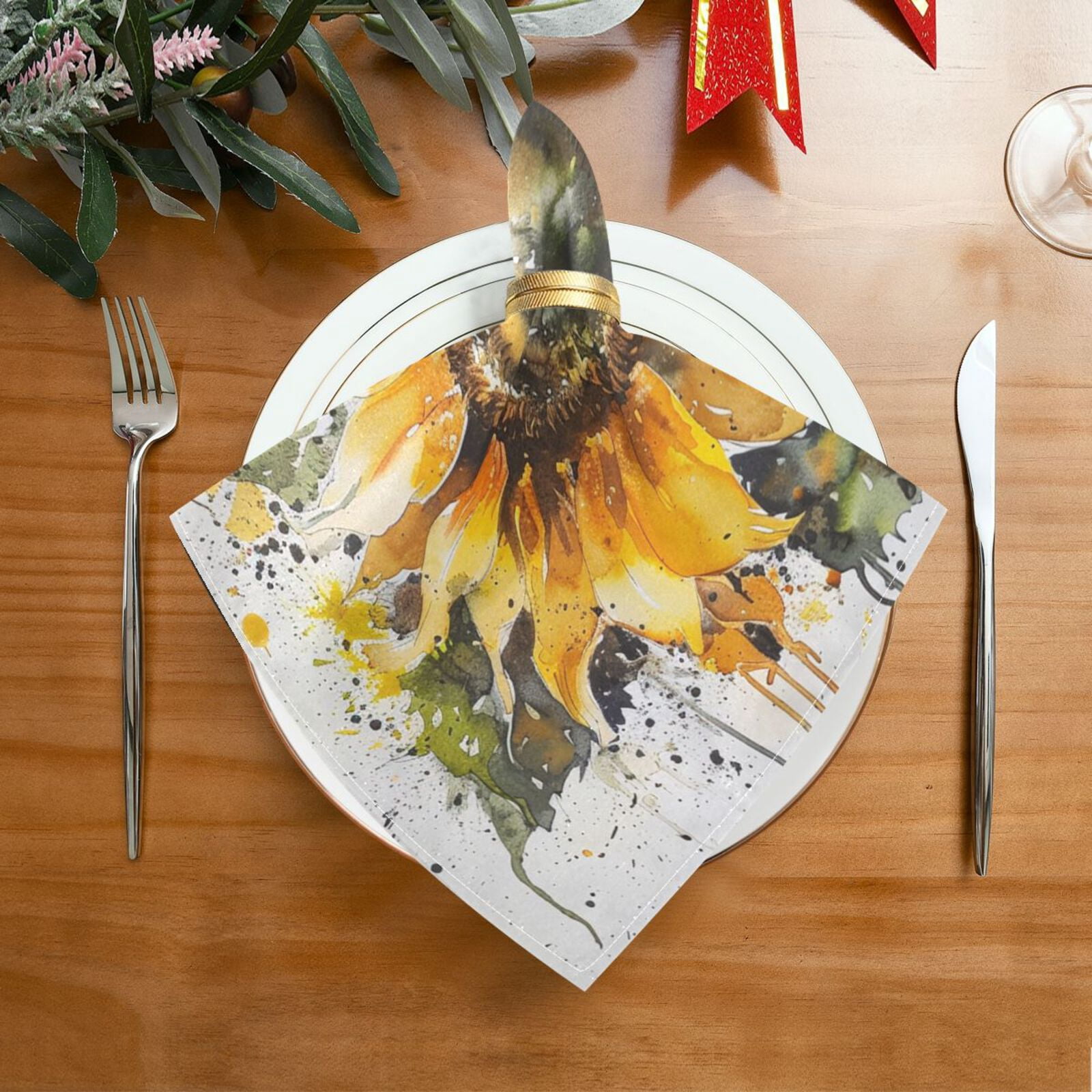 JSTEL Sunflower Watercolor Cloth Napkins Set of 6, 20x20 Inch Washable and Reusable Napkin for Decoupage Dinner Party Everyday Use
