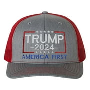 Tropic Hats Adult Embroidered Trump 2024 America First 6 Panel Trucker Cap - Heather Gray/Red