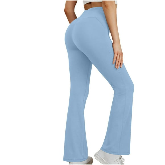 Ecqkame Leggings de Yoga Évasés pour Femmes Taille Haute Pantalon Ultra Doux Contrôle du Ventre Sport Extensible avec Poches Bleu TTG