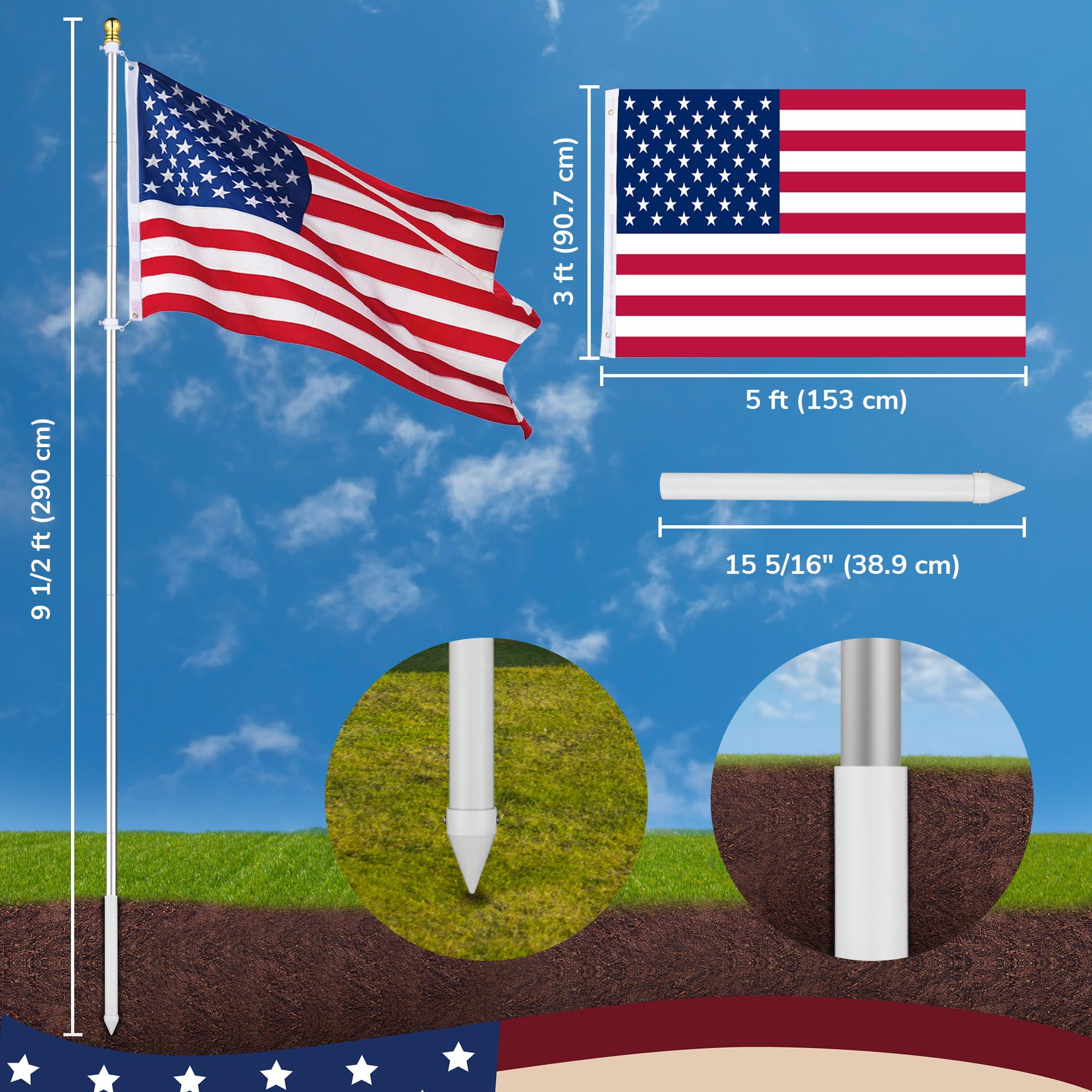 Yescom Bravery 10Ft Sectional Flag Pole Kit Aluminum Outside Inground Yard Garden with 3'x5' USA Flag Ball Top Silver