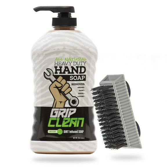 Grip Clean Hand Cleaner for Auto Mechanics, Heavy Duty Pumice Soap & Fingernail Brush, Tool Shop, Garage, Commercial, All Natural, Men, Women, Grit Cleansing, Sensitive Skin - 32oz Pump Top & Brush