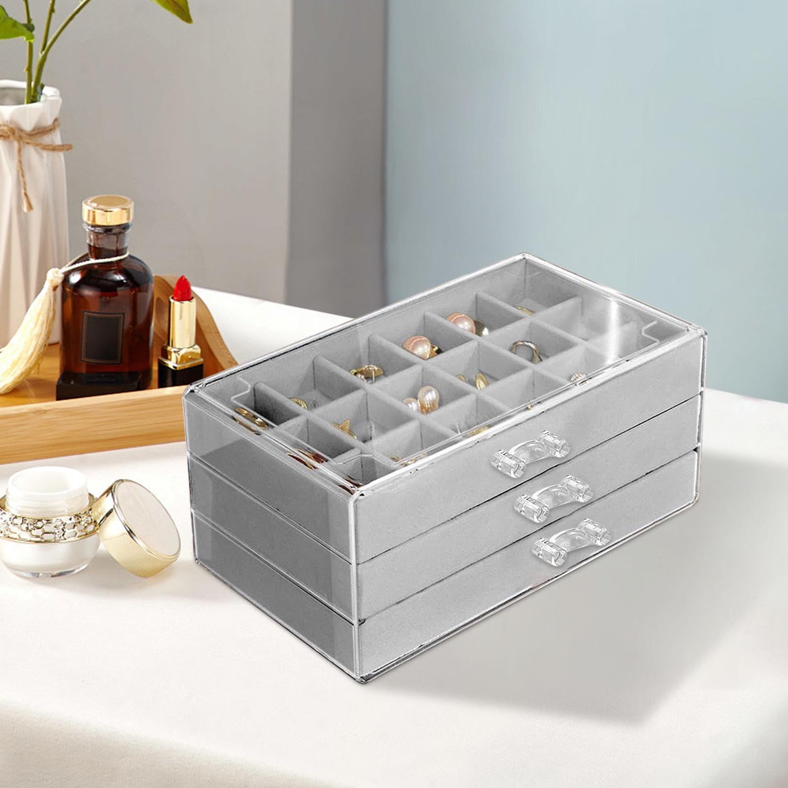 3-Layer Jewelry Storage Box With Drawers,Flannel Lined Jewelry Organizer Case,Earrings Rings Necklace Bracelet Compartment Holder,Portable Vanity Jewelry Display Box Multi Section Storage Organizer